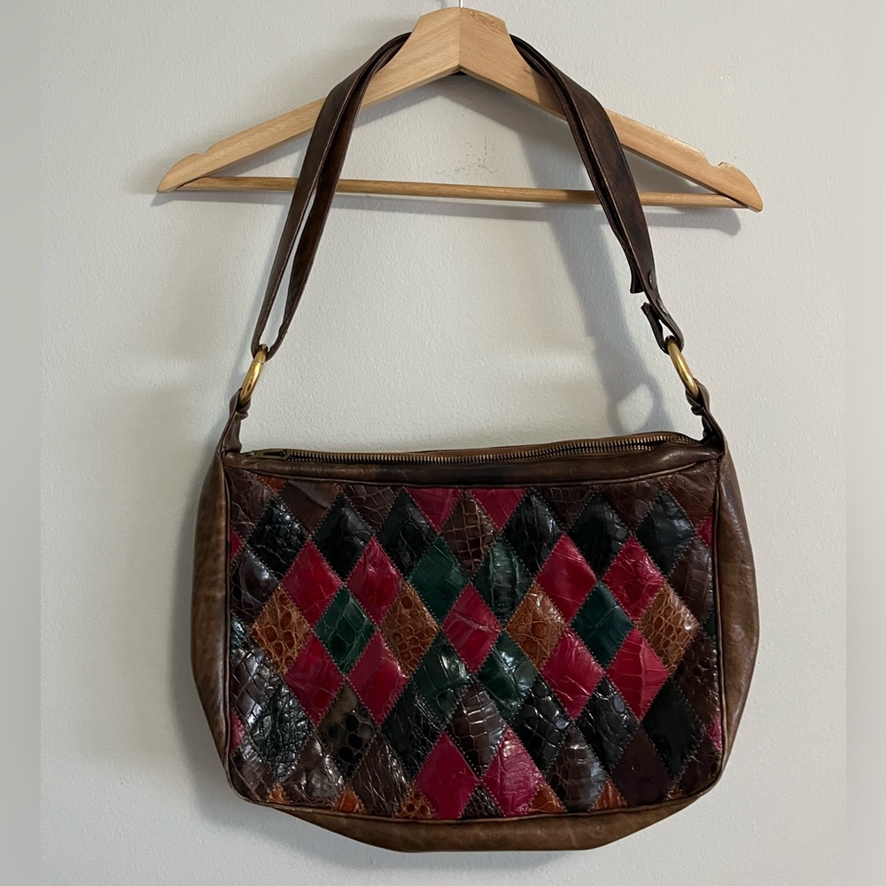 Leather Vintage Crocodile patchwork bag branded Corrente with suede interior - Picture 5 of 10